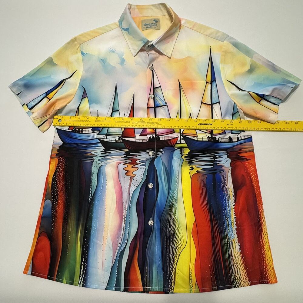 Royaura Men's Hawaiian Short Sleeve Medium Multi Color Sail Boat Print Shirt - Picture 4 of 14